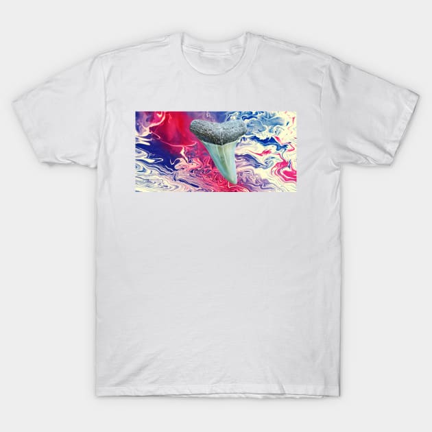 Red, White, and Blue Shark Tooth Fossil Paint Swirl Print T-Shirt by AtlanticFossils
